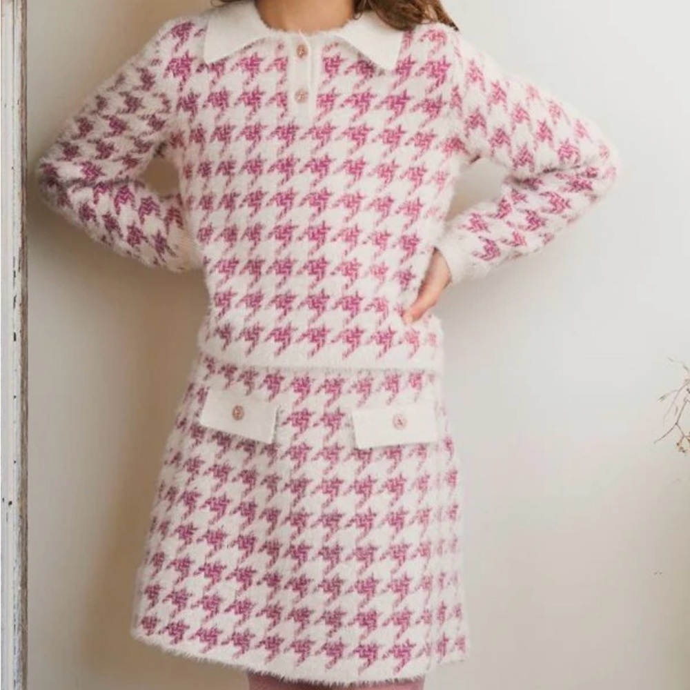 NWT Abel & Lula Girls Pink Houndstooth Knit Matching Set